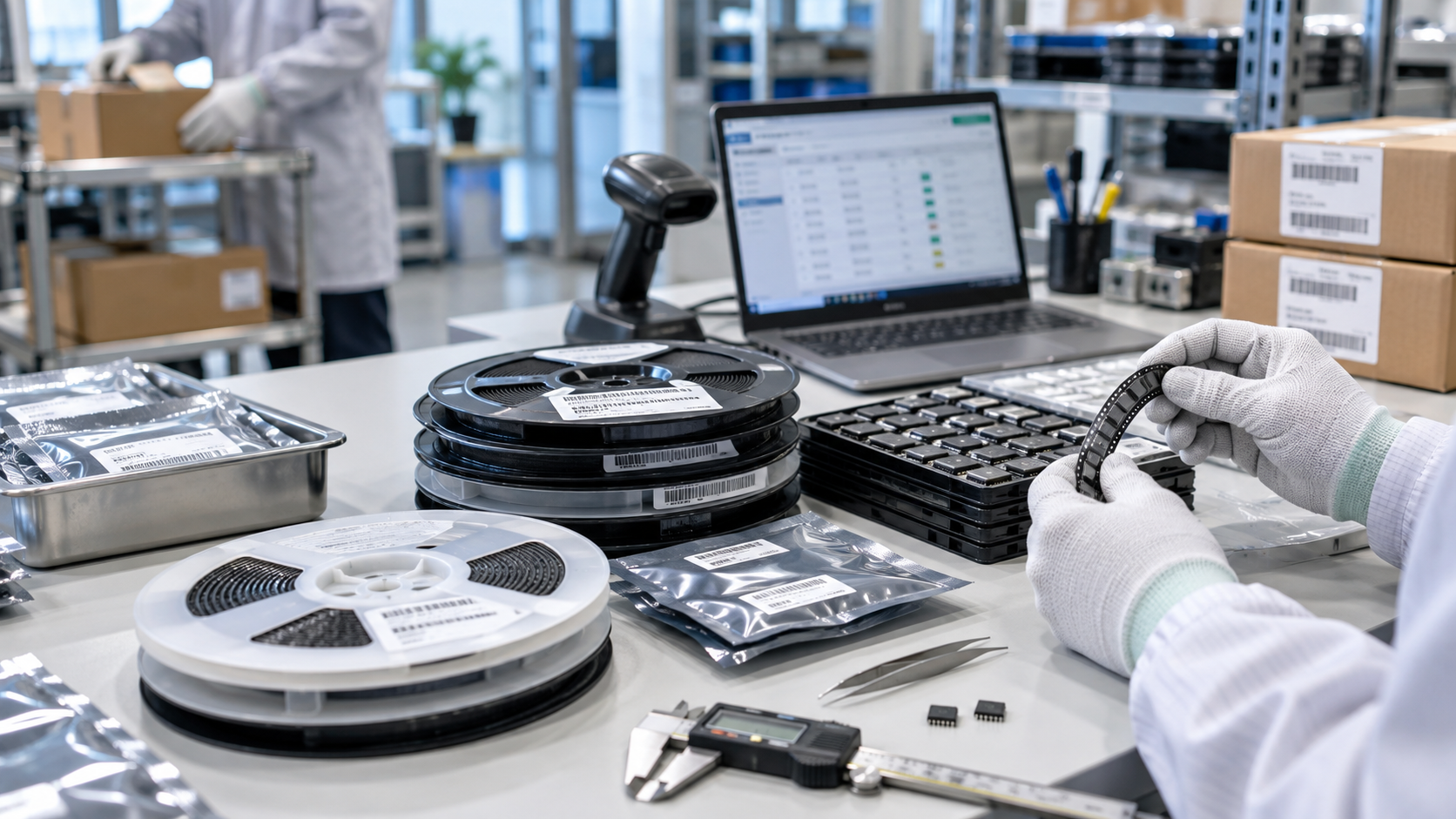Semiconductor reels, trays, ESD packaging, and inspection tools on a component supply desk.